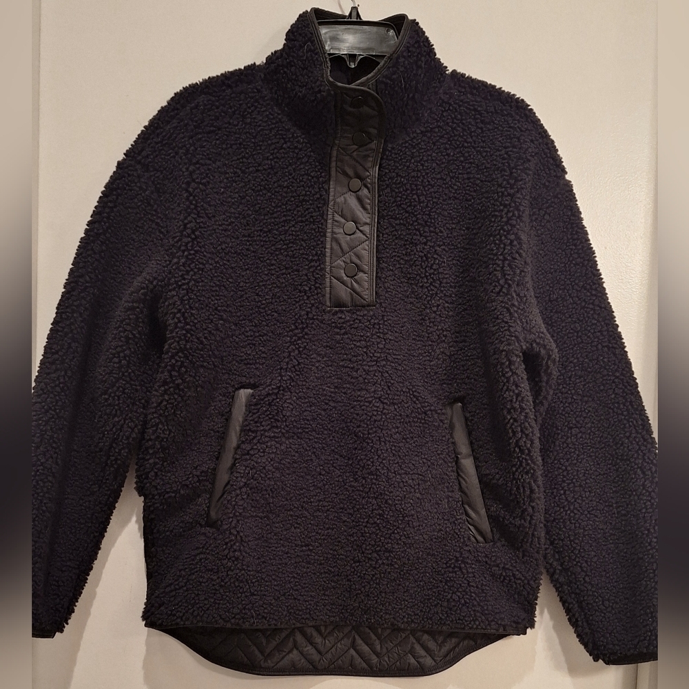 Athleta Cozy Sherpa Snap Pullover Sweatshirt Jacket Black Lined Small‎ Petite